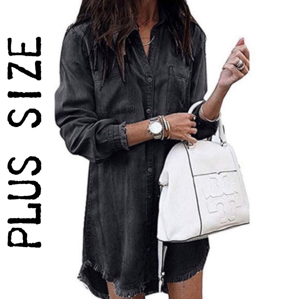 #21 Plus Denim button up pocket fray Tunic Dress - Picture 1 of 3